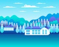 Rural or urban landscape outdoor. City or village in flat style design. Countryside with houses, buildings. Hills, mountains, Royalty Free Stock Photo