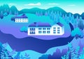 Rural or urban landscape outdoor. City or village in flat style design. Countryside with houses, buildings. Hills, mountains, Royalty Free Stock Photo