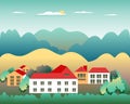 Rural valley Farm countryside. Village landscape with ranch in flat style design. Landscape with house farm family, building, Royalty Free Stock Photo