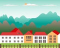 Rural valley Farm countryside. Village landscape with ranch in flat style design. Landscape with house farm family, building, Royalty Free Stock Photo