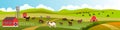 Rural vector landscape with grazing cows, barn, water tower, green hills, village road. Royalty Free Stock Photo
