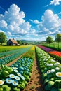 Rural vegetables farm landscape, a whimsical meadow, beautiful blue sky, fluffy clouds, farm house Royalty Free Stock Photo