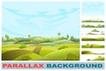 Rural vegetables and grassy hills. Set parallax effect. Farm cute landscape with road. Funny cartoon design illustration