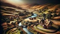 Rural Village Scene with River and Rolling Hills Royalty Free Stock Photo