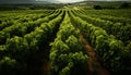 Rural vineyard, green landscape, fresh wine, autumn harvest, tranquil scene generated by AI