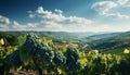Rural vineyard landscape, green leaves, ripe grapes, fresh wine generated by AI