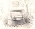 Rural well with water. hand painted Pencil drawing