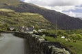 Rural Welsh Scene. Stone wall by road overlooking valley