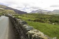 Rural Welsh Scene. Stone wall by road overlooking valley, wide angle