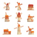 Rural windmills set. Collection of traditional windmills vector Illustrations Royalty Free Stock Photo