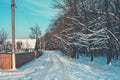 Country road covered with snow between houses and woods Royalty Free Stock Photo