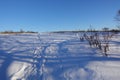 Rural winter landscape with a field snow and the blue sky Royalty Free Stock Photo