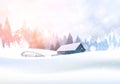 Rural Winter Landscape With House In Snowy Forest Pine Tree Woods Background