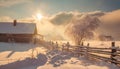 Rural winter landscape. Sun over an old house with a wooden fence. Royalty Free Stock Photo