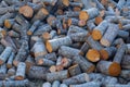 Rural wood storage of sawed tree trunks and a stack of firewood in a garden in sunny winter Royalty Free Stock Photo