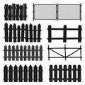 Rural wooden fences, pickets vector silhouettes