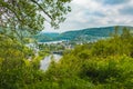 Rursee at Eifel National Park, Germany. Scenic view of lake Rursee and village Einruhr in North Rhine-Westphalia