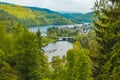 Rursee at Eifel National Park, Germany. Scenic view of lake Rursee and village Einruhr in North Rhine-Westphalia