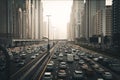 Rush hour with many cars on Dubai city road, traffic jam in downtown Royalty Free Stock Photo