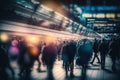 Rush hour night city, crowd of busy people. Out of focus, motion blur, long exposure effect. Generative ai illustration Royalty Free Stock Photo