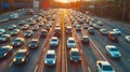 Rush Hour Traffic on a City Highway at Sunset. Generative ai Royalty Free Stock Photo