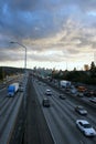 Rush hour traffic on freeway Seattle skyline