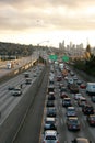 Rush hour traffic on freeway Seattle skyline