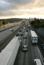 Rush hour traffic on freeway Seattle skyline