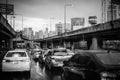 Rush hour after work, Cars stuck and traffic jam in the rain at Rama 3 road Khlong Toei Bangkok Thailand