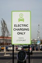 Rushden, Northamptonshire, United Kingdom - 15 November 2019 - Electric car charching station for cars, outdoor sign