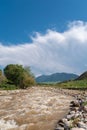 Rushing muddy river under cloudy sky Royalty Free Stock Photo