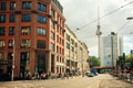 Rushing people on the street with famous structure of Television Tower Royalty Free Stock Photo