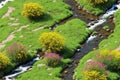 rushing stream near colored flowers and grass, tileable, seamless