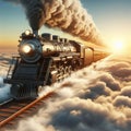 A rushing train among the clouds against the backdrop of sunset. Royalty Free Stock Photo