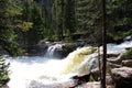 The rushing water of Copeland Falls flowing over rocks and boulders in the Rocky Mountain National Park