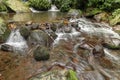 Rushing water flows through creek bed in rain forest. Water Flow Royalty Free Stock Photo