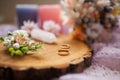 Rusic style wedding, natural decorations. Wood, flowers and wedding rings Royalty Free Stock Photo