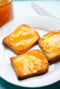 Rusk with apricot jam on blue surface Royalty Free Stock Photo