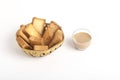 Rusk or bread toast with cup of tea on white background Royalty Free Stock Photo