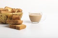 Rusk or bread toast with cup of tea on white background Royalty Free Stock Photo