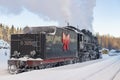 Old L-series steam locomotive (L-3051, Lebedyanka) at the Ruskeala Mountain Park station Royalty Free Stock Photo