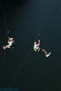 People descend on a trolley over the lake of the Great Marble Canyon in the Republic of Karelia in Russia