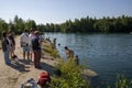 People swim in the lake of the Marble Canyon in Ruskeala in the Republic of Karelia in Russia