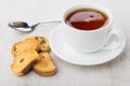 Rusks with raisin, tea in cup with saucer and teaspoon