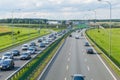 Traffic jam on the road to toll station on highway A1 called Amber One.