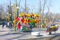 Russia. Abakan. Children play in the children`s town, in the municipal park. Spring 2019