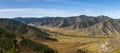 Russia, Aliai, panorama of the autumn landscape. Mountains, fields, and road