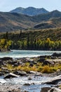 Russia, Altai, vertical autumn landscape. River, mountains, and forest Royalty Free Stock Photo