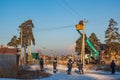 RUSSIA, ANGARSK - November 26, 2020 Repair of power lines in a residential area of the city in winter