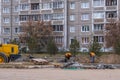 RUSSIA, ANGARSK - October 19, 2020 Construction, repair of a road in a residential area of the city. Workers and road